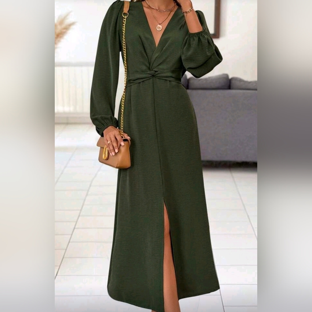 New Chic Plunge Twist Front Split Midi Dress Long Sleeve Olive Green - Picture 3 of 10